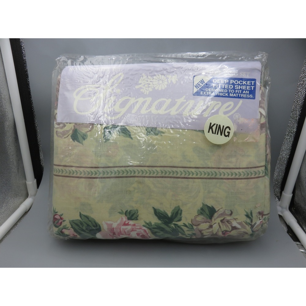Signature King Bed Set 4pc Floral Rose Pink Green Deep Pocket Cotton Blend New